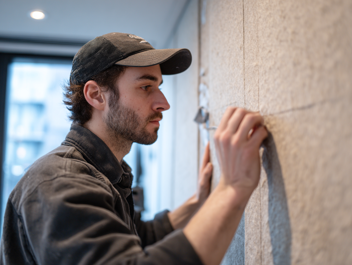 Professional soundproofing specialists installing acoustic wall panels in a modern New York apartment